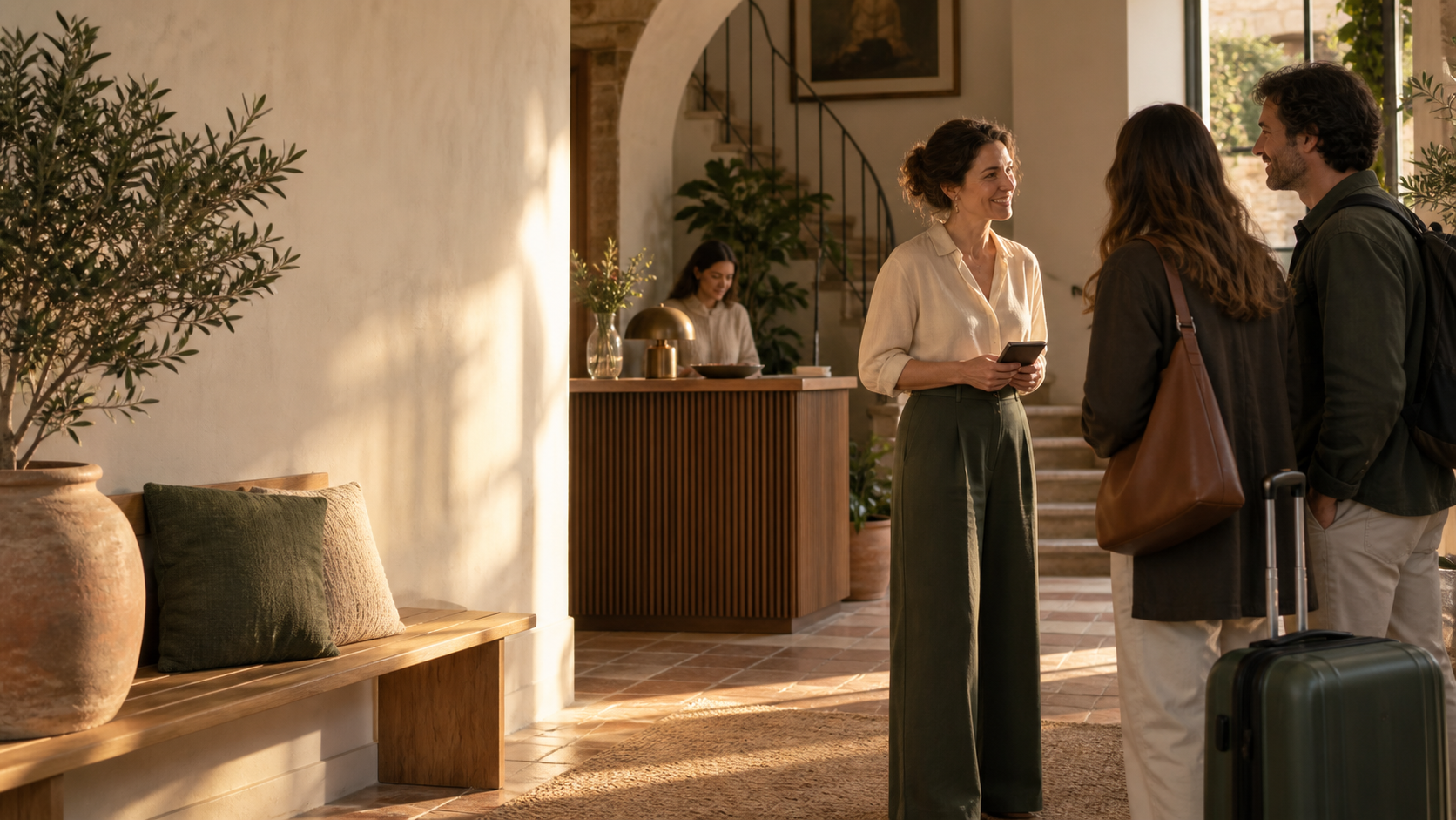 A small hotel owner welcoming arriving guests